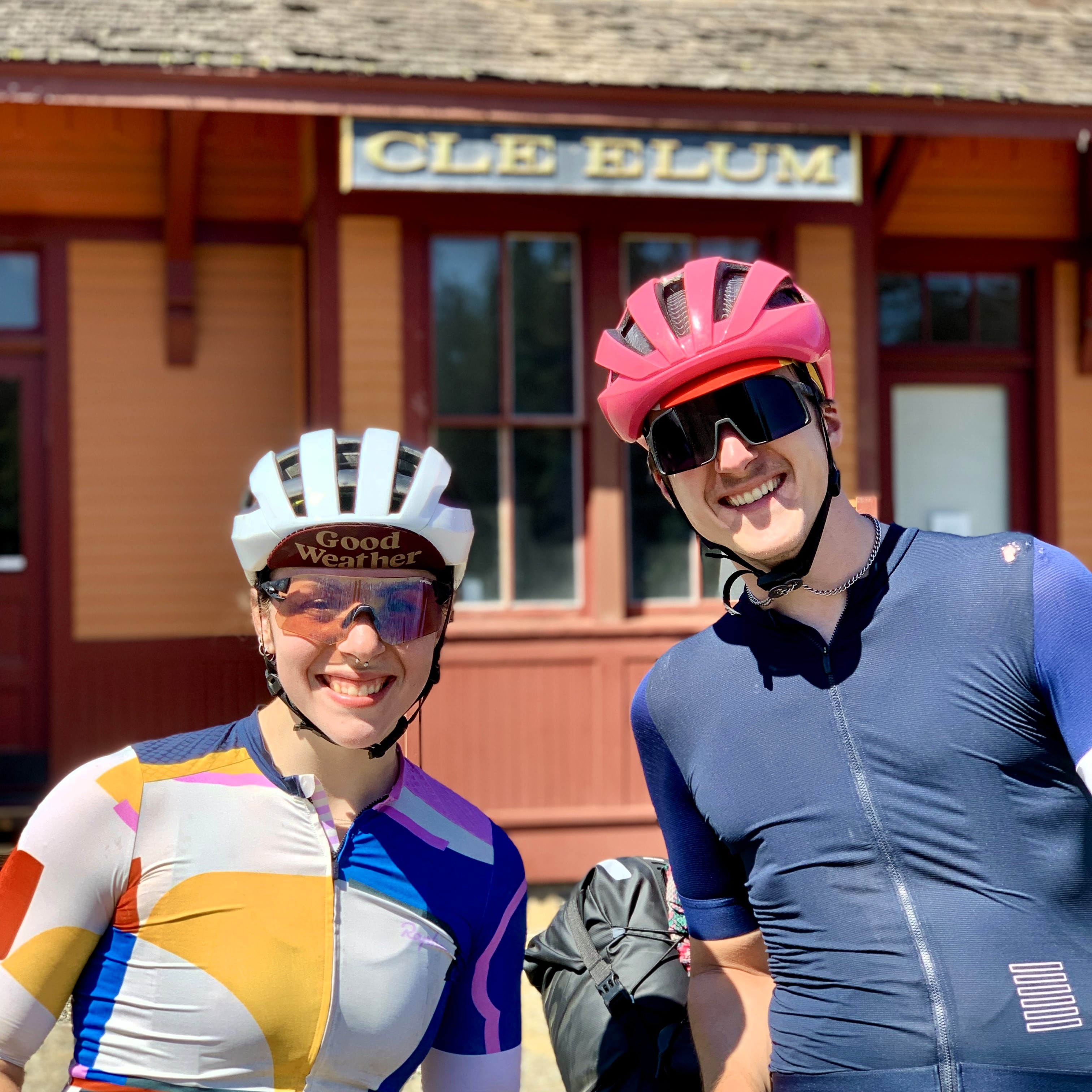 Pausing for a photo at the historic railroad depot in Cle Elum