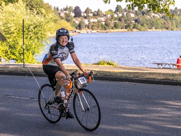 A rider spins along Lake Washington Boulevard during Cascade's Seattle to Portland ride