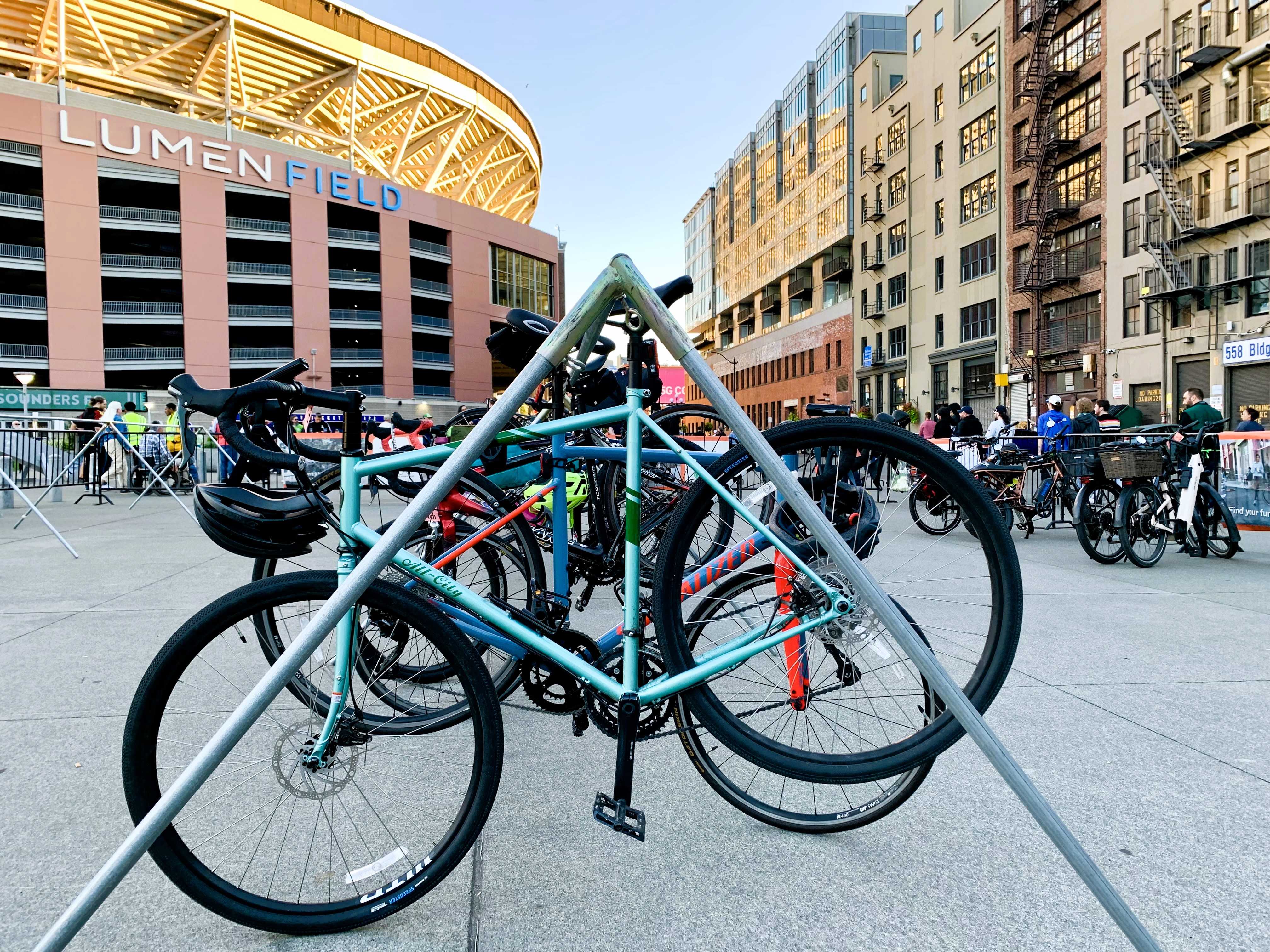 Bikes on racks during a Cascade bike valet at a Sounders match