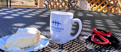 Pie and voffee outside cafe at NSSC.