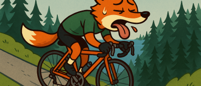 A cartoon Fox looking exhausted while riding in an area elusive of the Pacific Northwest. 