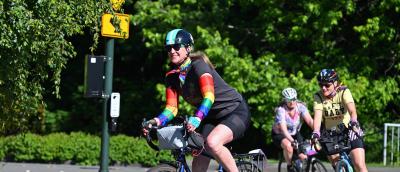 Riders round the corner on the Revel Revolution Ride in 2025.