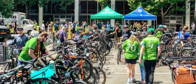 Sounders fans park their bikes at Cascade's free bike valet. 