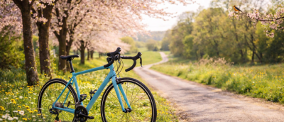 A blue road bicycle in a setting with spring elements