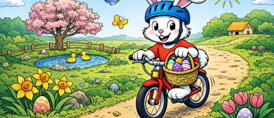 Bunny safely riding bike in spring while collecting eggs