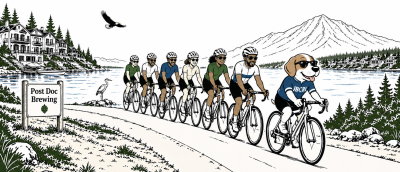 beagle ride leader and a diverse group of cyclists along lake sammamish trail