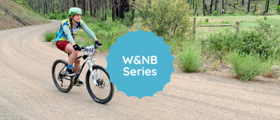 Banner image of a woman riding a mountain bike on a gravel trail