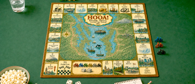 A board game with tiles showing different towns around Puget Sound.