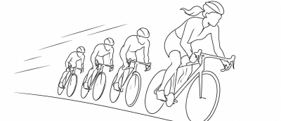 Line art silhouettes of four cyclists. One female; three male. 
