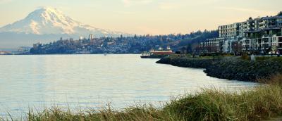 A view of Puget Sound, flanked by Ruston on right, and Mount Tahoma in the background.