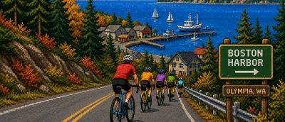 A retro 8-bit pixel art scene of five cyclists riding downhill on the right side of a two-lane road toward Boston Harbor in Olympia, Washington. Evergreen trees are mixed with early autumn yellows and oranges, with blue water, sailboats, docks, and forested hills in the distance. A roadside sign points toward Boston Harbor.