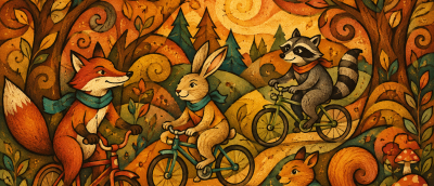 Warm folk-art illustration of a fox, rabbit, raccoon, squirrel, and hedgehog riding bicycles along winding paths through a whimsical autumn forest filled with trees, flowers, mushrooms, and swirling golden foliage.