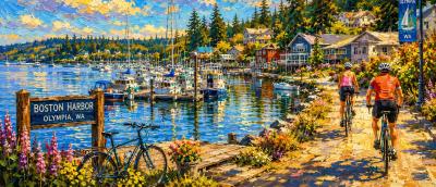 An expressionist painting of Boston Harbor during the summer. Two cyclists riding by the seaside.