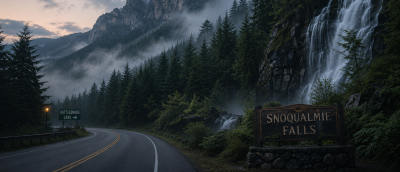 An early morning image of Rocky Mountains with an artist rendition of Snoqualmie Falls. Low fog between the trees.