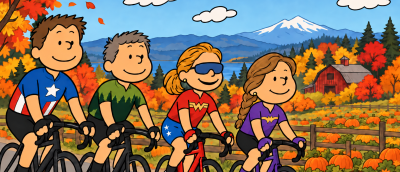Four cartoon characters on bicycles ride through an autumn scene in the Pacific Northwest.