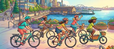 Cartoon graphic of a small group of cyclists