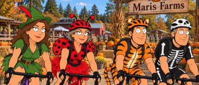 Cartoon of four cyclists in Halloween costumes—Peter Pan, ladybug, tiger, and skeleton—riding past Maris Farms pumpkin patch.