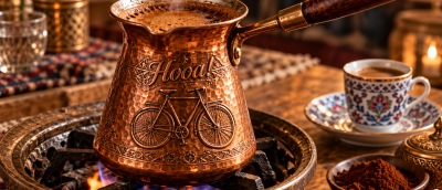 Turkish coffee brewing in a copper pot embossed with a bicycle and “Hooa!”, surrounded by traditional Turkish treats.