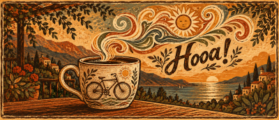 Panoramic Global Village Coffeehouse–style illustration in warm earth tones, featuring a large steaming coffee cup engraved with a bicycle on a rustic wooden table. Swirling decorative steam, sun motifs, leafy vines, mountains, and a coastal village frame the scene, with “Hooa!” prominently hand-lettered across the right side.