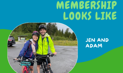 Cascade green and blue branded graphic with image of Jen and Adam cuddling on their bikes and the phrase "This is What Membership Looks Like"