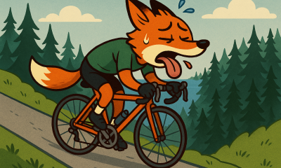 A cartoon Fox looking exhausted while riding in an area elusive of the Pacific Northwest. 
