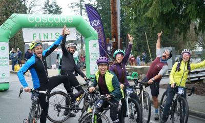 2025 Chilly Hilly riders celebrate their finish with silly poses