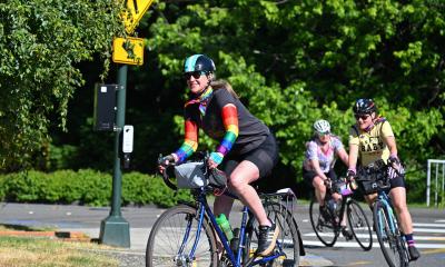 Riders round the corner on the Revel Revolution Ride in 2025.