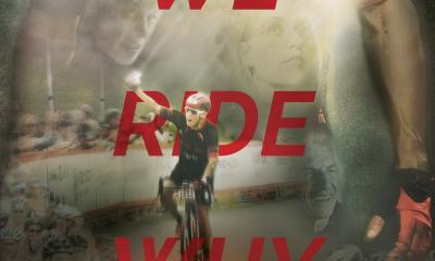 A person on a bike holds up their hand in celebration as part of the movie poster for the Seattle-based documentary We Ride Why.