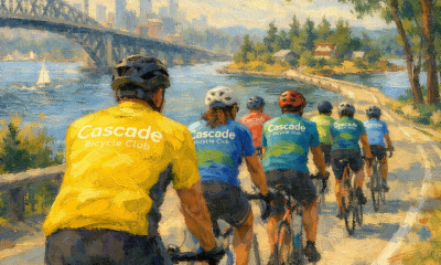 Safe happy bike riders in a group with water and bridge