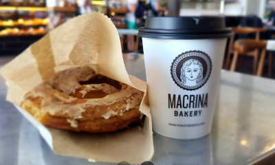 Pastry and coffee on a counter at Macrina Bakery on Queen Anne