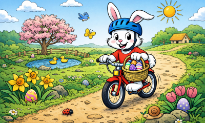 Bunny safely riding bike in spring while collecting eggs