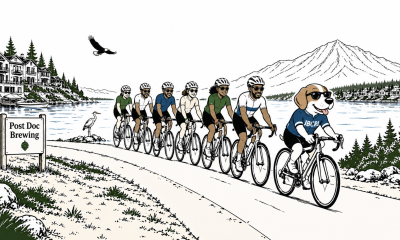 beagle ride leader and a diverse group of cyclists along lake sammamish trail