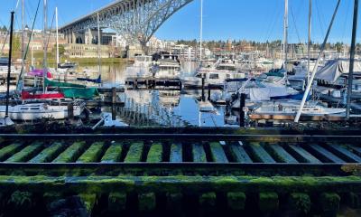 moss covered old railroad tracks cross in front of a view of boats on Lake Union under the Aurora Bridge
