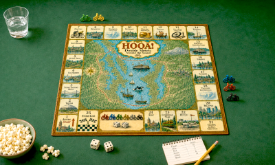 A board game with tiles showing different towns around Puget Sound.