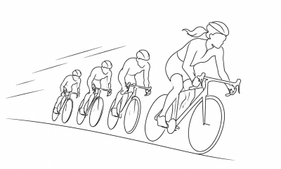 Line art silhouettes of four cyclists. One female; three male. 