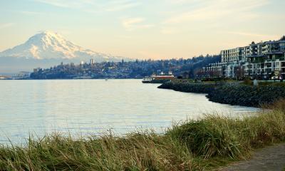 A view of Puget Sound, flanked by Ruston on right, and Mount Tahoma in the background.