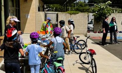 School kids with bicycles