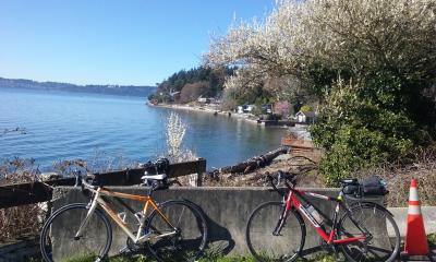 bikes leaning on concrete barrier with shoreline in background