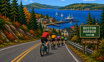 A retro 8-bit pixel art scene of five cyclists riding downhill on the right side of a two-lane road toward Boston Harbor in Olympia, Washington. Evergreen trees are mixed with early autumn yellows and oranges, with blue water, sailboats, docks, and forested hills in the distance. A roadside sign points toward Boston Harbor.