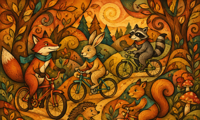 Warm folk-art illustration of a fox, rabbit, raccoon, squirrel, and hedgehog riding bicycles along winding paths through a whimsical autumn forest filled with trees, flowers, mushrooms, and swirling golden foliage.