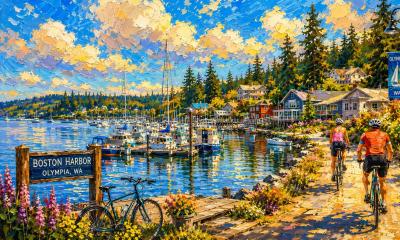 An expressionist painting of Boston Harbor during the summer. Two cyclists riding by the seaside.