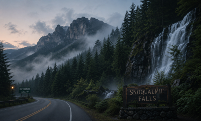 An early morning image of Rocky Mountains with an artist rendition of Snoqualmie Falls. Low fog between the trees.