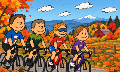 Four cartoon characters on bicycles ride through an autumn scene in the Pacific Northwest.