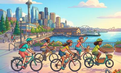 Cartoon graphic of a small group of cyclists