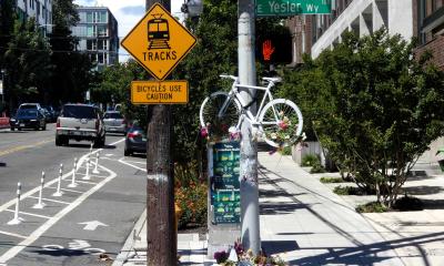 Ghost bike at 12th and Yesler where Christian Salyer was run over