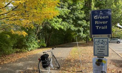 Bike on the Green River Trail with yellow leaves on the ground.