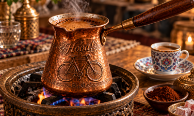 Turkish coffee brewing in a copper pot embossed with a bicycle and “Hooa!”, surrounded by traditional Turkish treats.