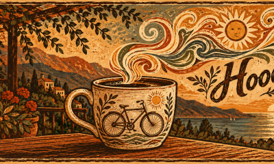 Panoramic Global Village Coffeehouse–style illustration in warm earth tones, featuring a large steaming coffee cup engraved with a bicycle on a rustic wooden table. Swirling decorative steam, sun motifs, leafy vines, mountains, and a coastal village frame the scene, with “Hooa!” prominently hand-lettered across the right side.