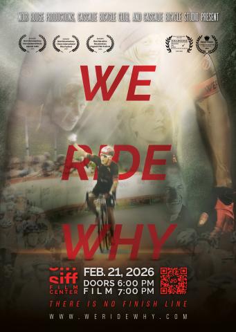 A person on a bike holds up their hand in celebration as part of the movie poster for the Seattle-based documentary We Ride Why.